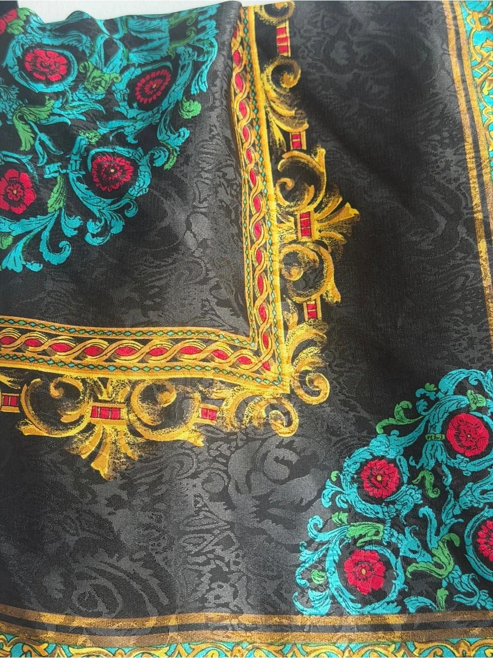 Vintage Collectible Ornate Gold Black Base Floral Red Teal Scarf